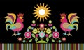 Seamless pattern with stylized roosters and flowers. Black background